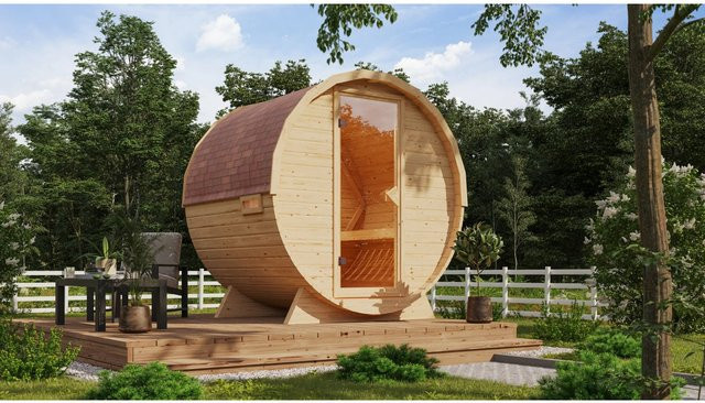 Karibu Fasssauna-Set aus naturbelassener Fichte in Brown mit 9 kW Ofen und externer Steuerung - Bild 1