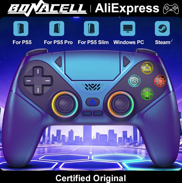 Bonacell Wireless Bluetooth Controller für PlayStation 5 PS5 Pro Slim und PC mit RGB-Beleuchtung, Hall Effect Joystick und 6-Achsen-Gyroskop in Rot/Multicolor - Bild 1