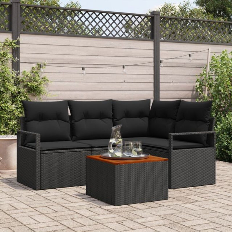 5-teiliges modernes Garten Sofa Set von vidaxl aus schwarzem Poly Rattan und Akazienholz mit Kissen - Bild 1