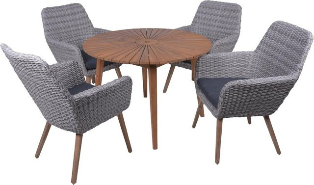 DELUKE Garten-Sitzgruppe ELVIRA 5-tlg. aus Akazie in Grau mit rundem Esstisch und Sesseln - Bild 1