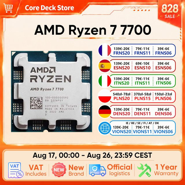 AMD Ryzen 7 7700 Prozessor mit 8 Kernen und 16 Threads, Zen 4 Architektur, Socket AM5, bis zu 5,3 GHz Boost-Frequenz, 40 MB L3 Cache, 65W TDP, unterstützt DDR5 und PCIe 5.0, Farbe: Silber - Bild 1