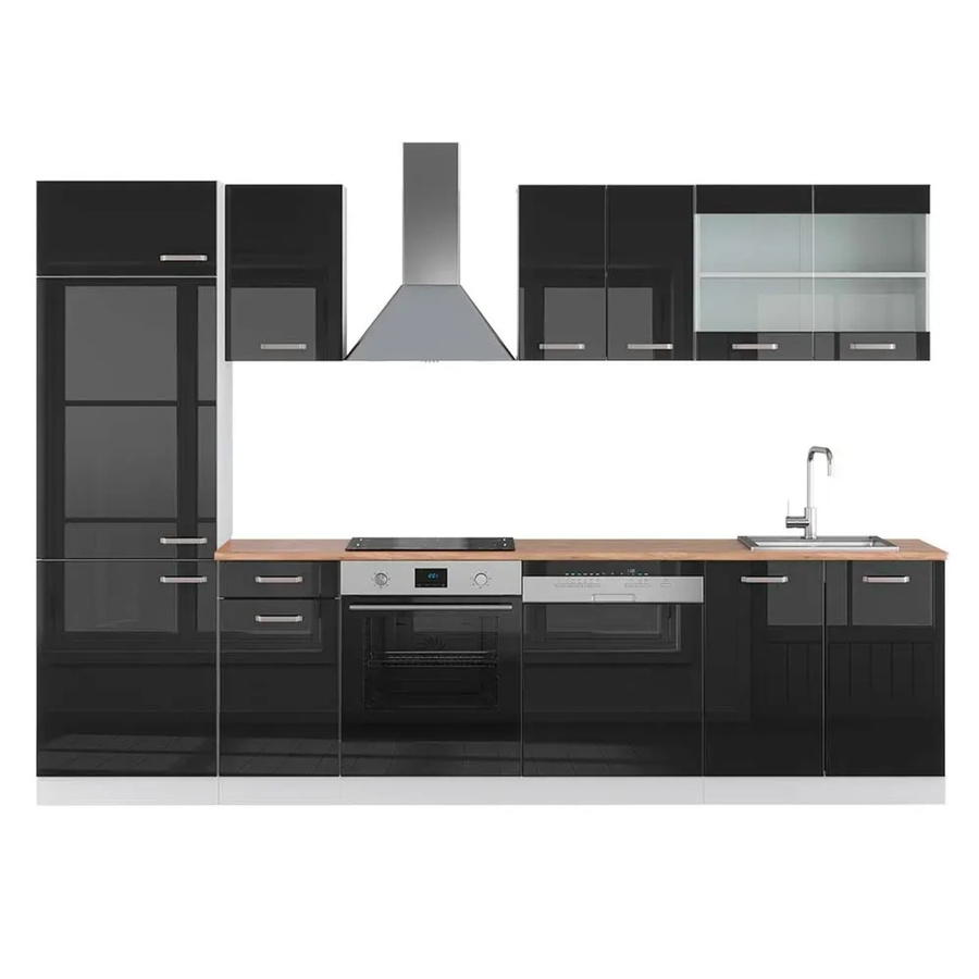 Vicco R-Line Küchenzeile Schwarz Hochglanz und Weiß mit Eiche, Breite: 300 cm - Bild 1