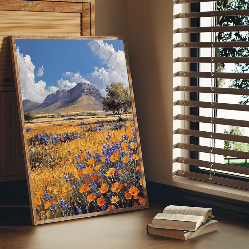 Potdemiel Leinwandgemälde Frühling Landschaft mit Wildblumen und Bergen im Comic-Stil, Mehrfarbig - Bild 2