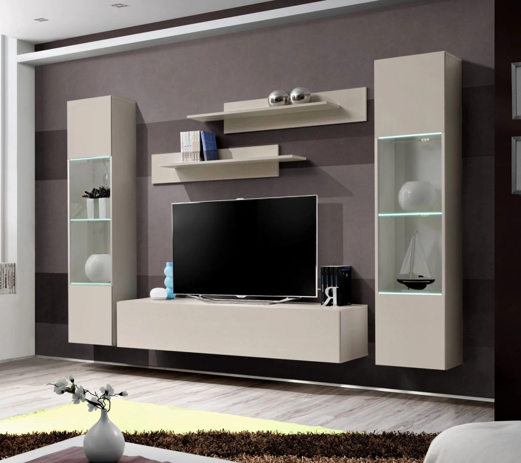 Wohnwand Option von Inn.Furn in Kaschmir Beige, 5-teiliges modernes Wohnzimmer-Set mit LED-Beleuchtung und Glasvitrine, Breite: 260 cm - Bild 3