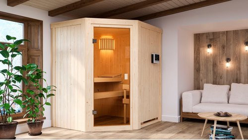 KARIBU Saunahaus Käsma in Braun mit 9 kW Ofen für 4 Personen, B/T/H: 170 x 151 x 198 cm - Bild 1