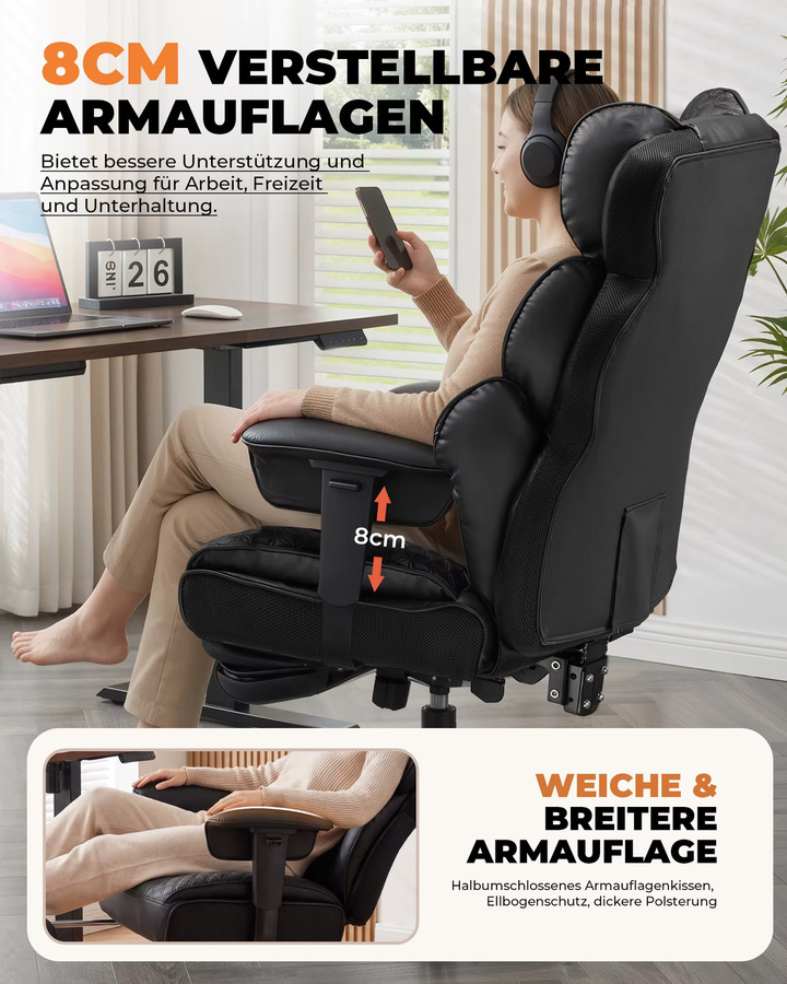 COMHOMA Ergonomischer Gaming Stuhl in Schwarz mit verstellbarer Lendenstütze, Fußstütze und Kopfstütze, Hybrid-Design als hoher Chefsessel für Home Office und Gaming, belastbar bis 180 kg - Bild 2