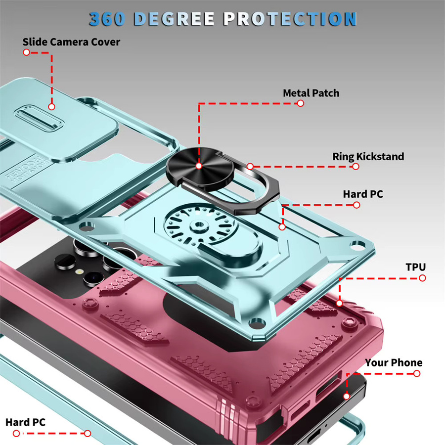 Samsung Handyhülle mit 360-Grad-Ring-Halter und Schiebe-Kameraschutz für Galaxy S26 S25 S24 S23 S22 S21 S20 Plus FE Note 20 Ultra in Schwarz, Weiß oder Rosa - Bild 2