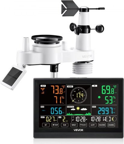 VEVOR 7-in-1 Funk-Wetterstation mit 7,5-Zoll-Display und solarbetriebenem Außensensor für Temperatur, Luftfeuchtigkeit, Regenmenge, Windgeschwindigkeit und Windrichtung (ohne WLAN) - Bild 1