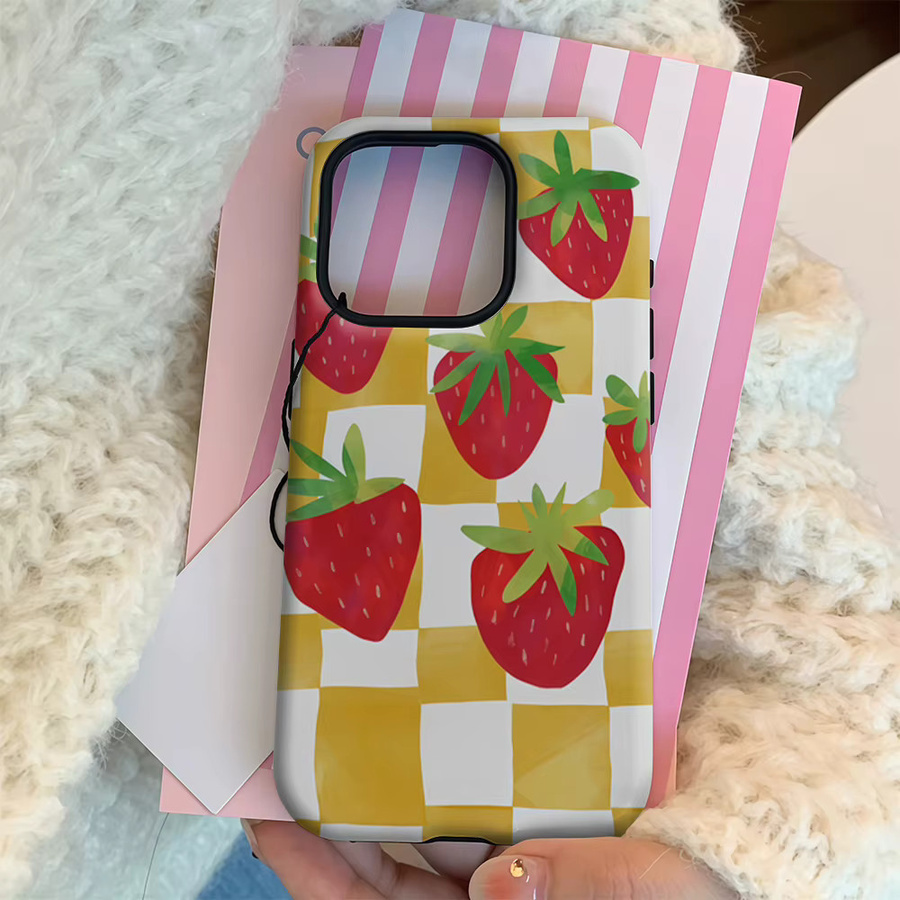 Handyhülle Erdbeeren Yellow Checker für Apple iPhone 17 16 15 14 13 12 11 Pro Max Plus mit doppelschichtiger Rückseite in Gelb - Bild 3