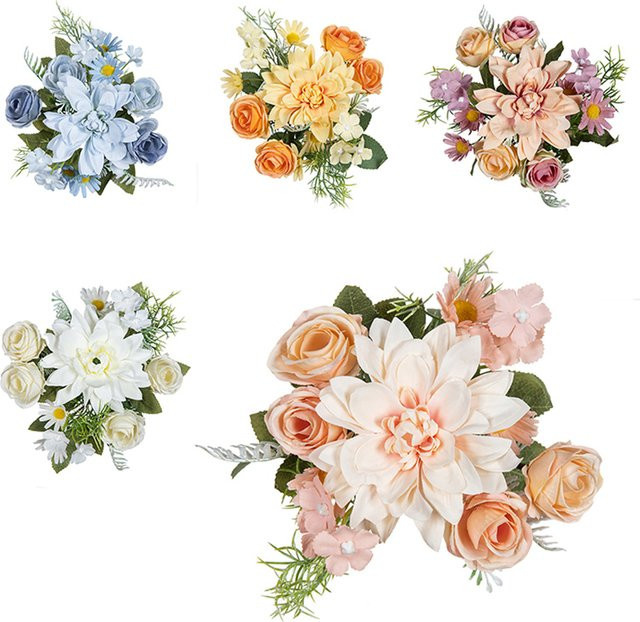 Künstliche Blumen Kombination aus Dahlien und kleinen Rosen in Gelb für Hochzeit, Haus und Balkon Dekoration, 3er Set - Bild 1