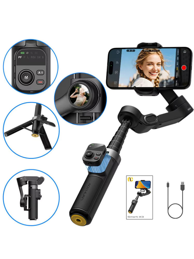 AOCHUAN Smart X3 3-Achsen-Hand-Gimbal-Stabilisator für Smartphones mit 360 Grad Rotation, abnehmbarer Fernbedienung und integrierter Verlängerungsstange, Schwarz - Bild 7