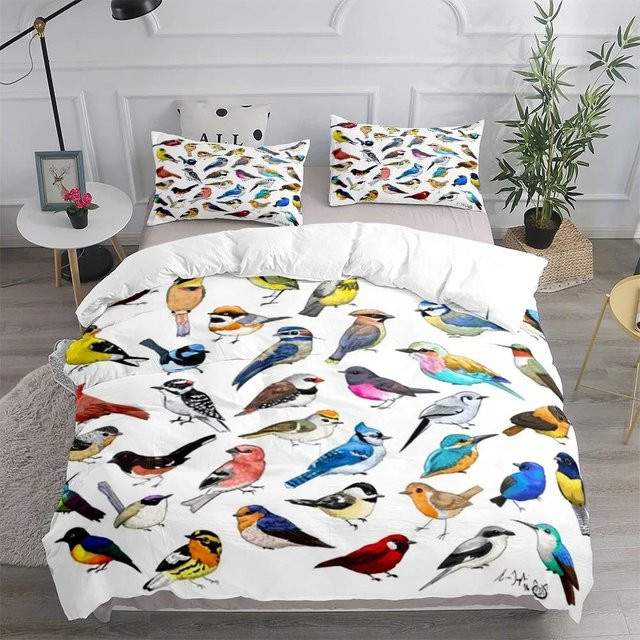Bettwäsche-Set mit Blumen- und Vogel-Motiv aus Mikrofaser, Weiß, B/T: 200 x 200 cm - Bild 1