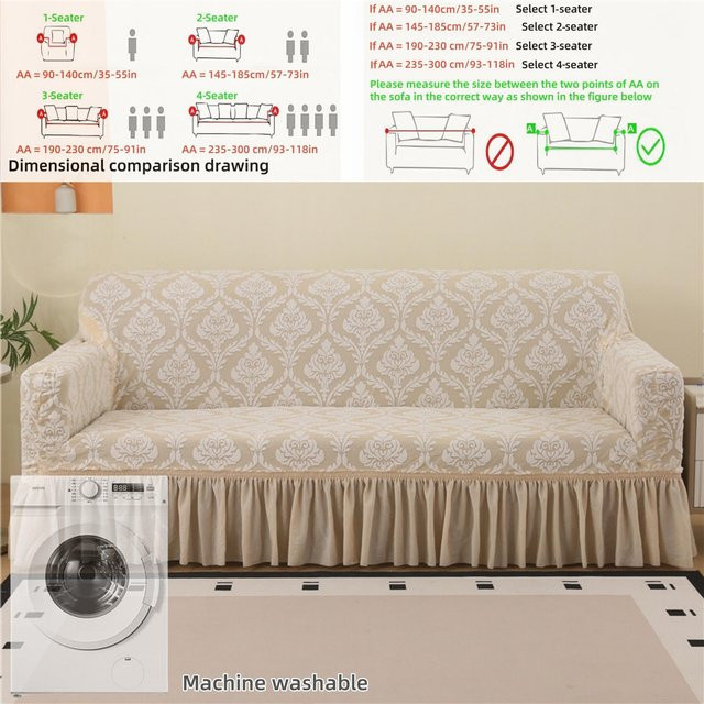Elegante Jacquard Sofaabdeckung für 1-Sitzer mit floralem Muster und Rüschensaum, elastisches Gewebe in Beige - Bild 1