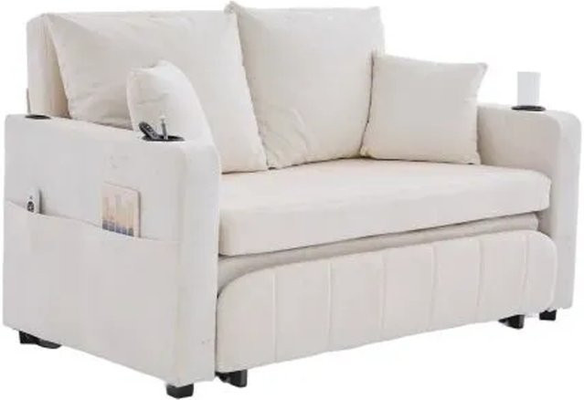 PXloue Stoffsofa Tagesbett mit USB-Ladefunktion, klappbares Ausziehsofa aus Chenille und Schaumstoff, Beige, B/T/H: 140 x 190 x 58 cm (Ausziehoption bis 150 x 200 cm) - Bild 1