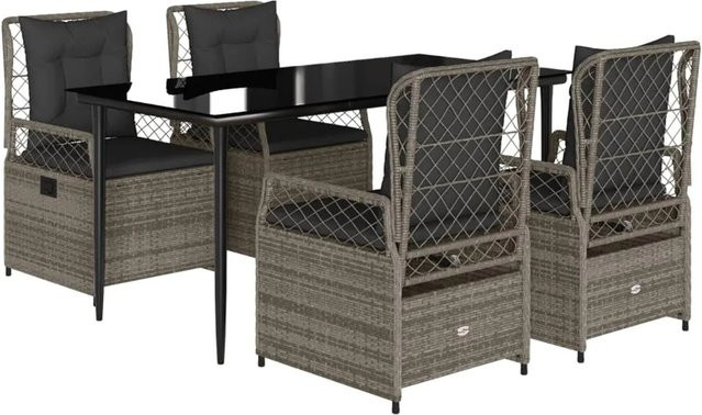 vidaXL 5-teilige Garten-Essgruppe aus Poly Rattan mit Kissen und gehärtetem Glas in Grau - Bild 1