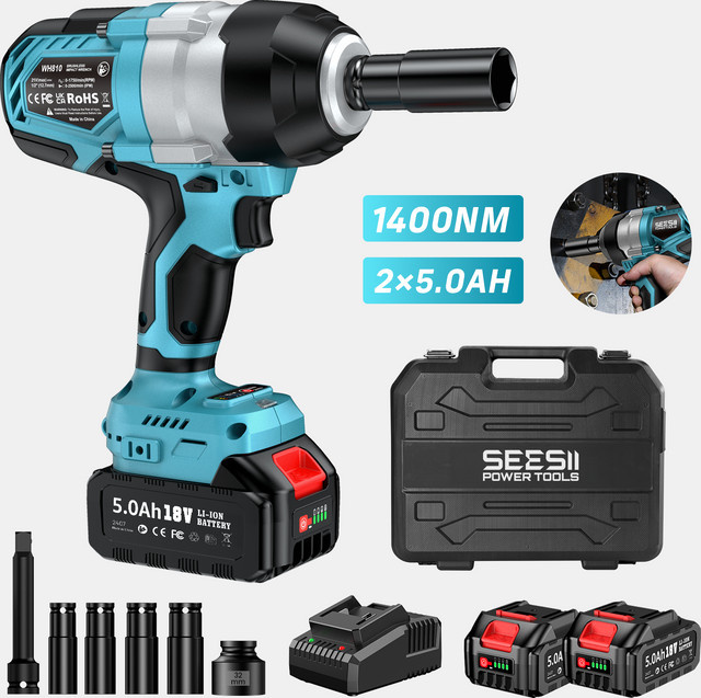 Seesii Akku-Schlagschrauber mit 1400 Nm Hochdrehmoment, 1/2 Zoll Antrieb, 1750 U/min, Blau, inklusive 2 x 5000 mAh 21V Akkus - Bild 1