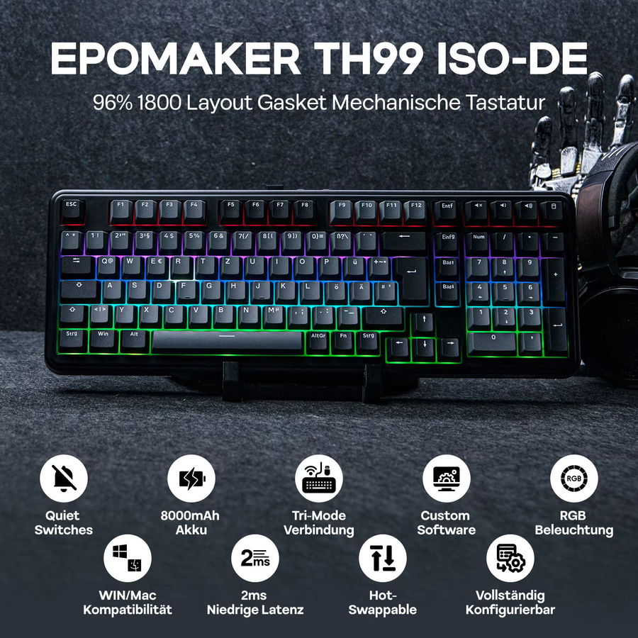 EPOMAKER TH99 Mechanische Tastatur mit ISO-DE QWERTZ Layout, 96% Gasket Mount, Kabellos via Bluetooth oder 2.4G/Wired, RGB mit Drehknopf und Numpad, Schwarz - Bild 2