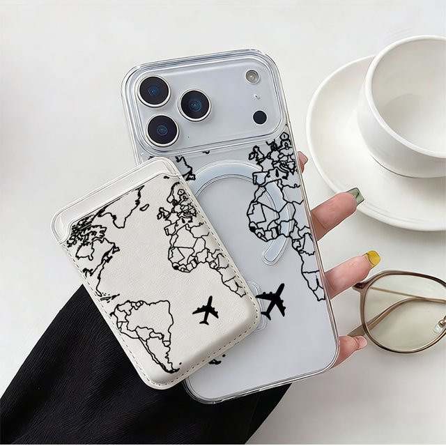 MagSafe Handyhülle mit Kartenhalter im Schwarz-Weißen Flugzeugrouten-Design für iPhone 12 bis iPhone 17 Pro Max Plus - Bild 1