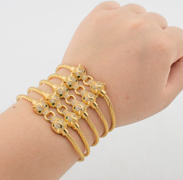 YM Armreif, 18k Goldfarbe, Leopard Kopf, Weiß Zirkon, Damen - Bild 1