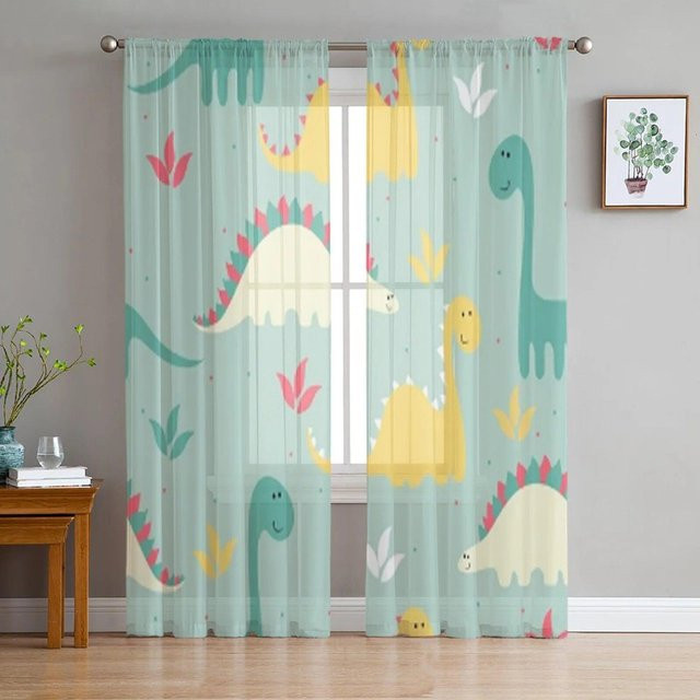 A Family Of Home Textiles Transparentes Voile-Fenstervorhang mit Dinosaurier- und Pflanzen-Motiv in Tiergrün, Breite: 135 cm, Höhe: 244 cm - Bild 1
