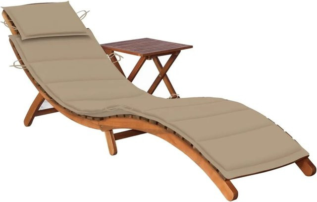 vidaXL Sonnenliege aus Akazien-Massivholz mit Tisch und beige Polsterauflage für Garten und Terrasse - Bild 1