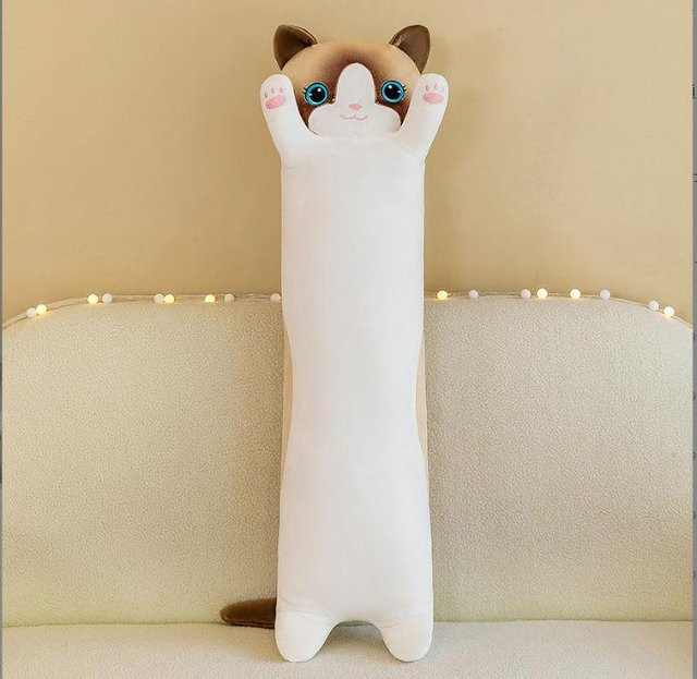 Plüsch-Katzenspielzeug-Kissen in Weiß, 50 cm lang, ideal als Kuschelkissen oder Spielkamerad aus Polyester - Bild 1