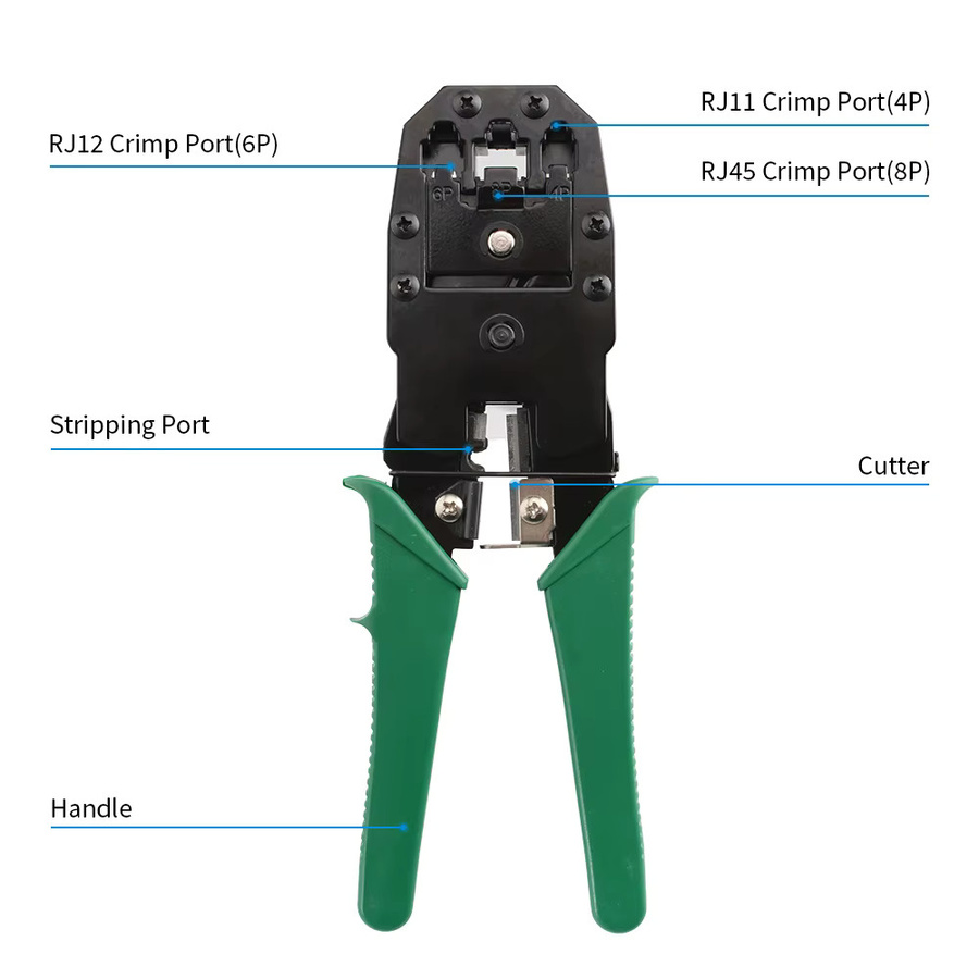RJ45 Crimpzange und Netzwerk-Handwerkzeugset mit Kabeltester, Krone Punch-Down-Werkzeug und Abisolierzange für Cat5 Modularstecker inklusive Aufbewahrungstasche - Bild 3