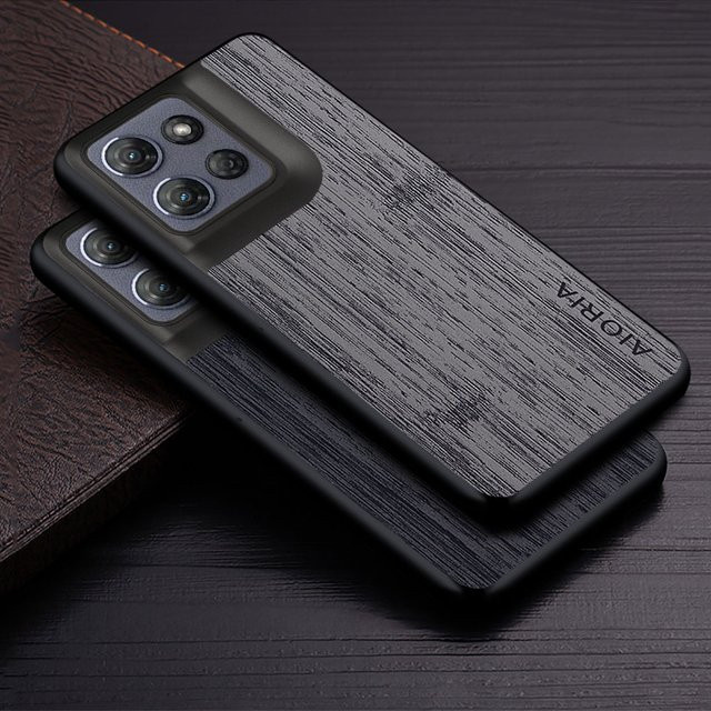 Luxus Handyhülle aus Leder im Bambus-Holzmuster für Motorola Moto G G15 Power Stylus 2025, Moto G05 und E15 in Braun und Grau - Bild 1