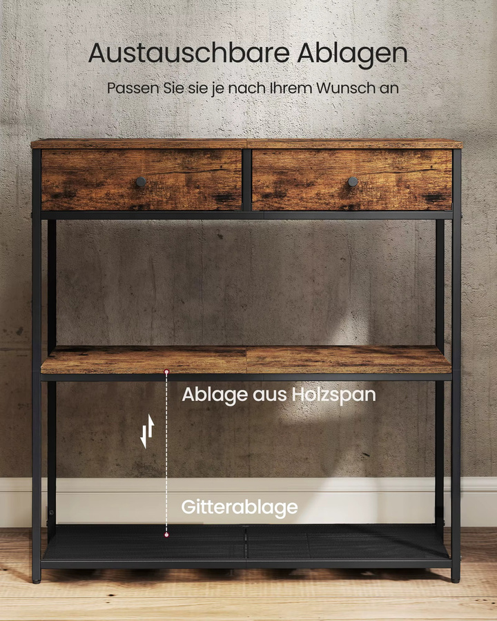 VASAGLE Konsolentisch im Industrial Design mit 2 Stoffschubladen, Beistelltisch für Flur und Wohnzimmer, Schwarz-Braun, B: 76 cm, T: 24 cm, H: 80 cm - Bild 3