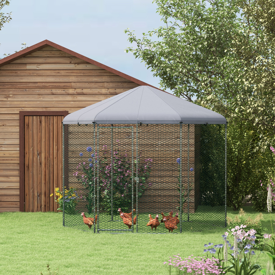 PawHut Hühnergehege Hexagon Hühnervoliere für den Außenbereich mit überdachtem Bereich aus verzinktem Stahl, Farbe: Silber/Grau, B/T/H: 2,45 x 2,8 x 2,46 m, Aosom - Bild 2