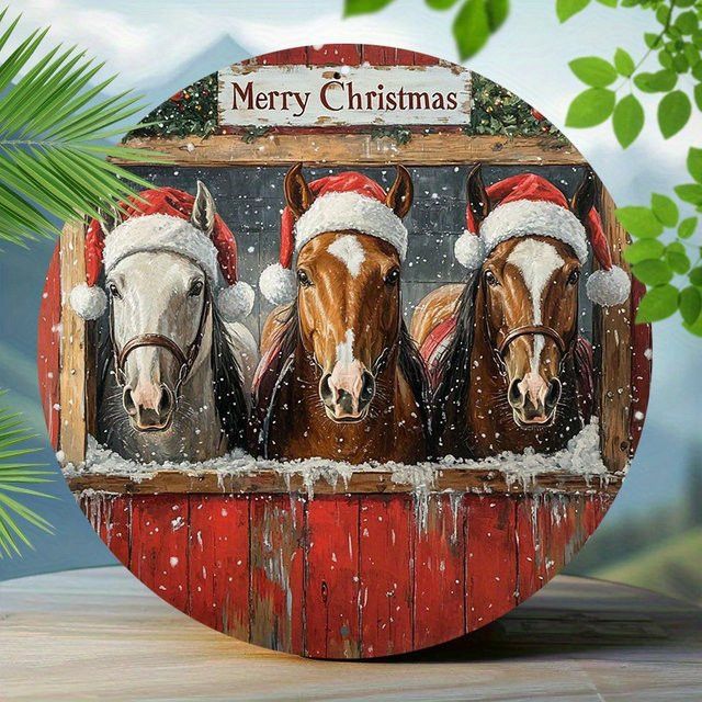 Potdemiel Metallwandschild Vintage Christmas Horses aus Aluminium, runde Weihnachtsdekoration mit Weihnachtsmannmützen, Durchmesser: 20,32 cm - Bild 1