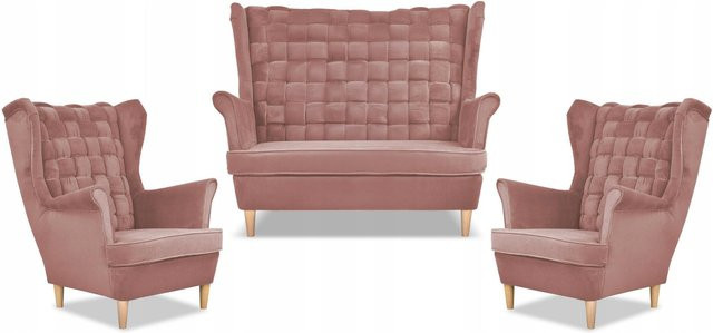 Wohnzimmergarnitur Carol Sofa und Sessel von Family Meble in Rosa mit Streifen-Design und modernem Stil - Bild 1