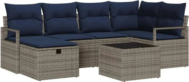 vidaXL Lounge-Gartenmöbel Set aus Poly-Rattan in L-Form mit Eckelement, Ottoman, Couchtisch und Kissen in Grau und Marineblau - Bild 1