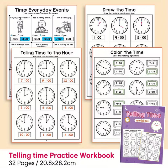 Telling Time Arbeitsbuch für Kinder: Meister der Analog- und Digitaluhren in 30 Tagen mit täglichen Übungsarbeitsblättern und interaktiven Aktivitäten - Bild 1