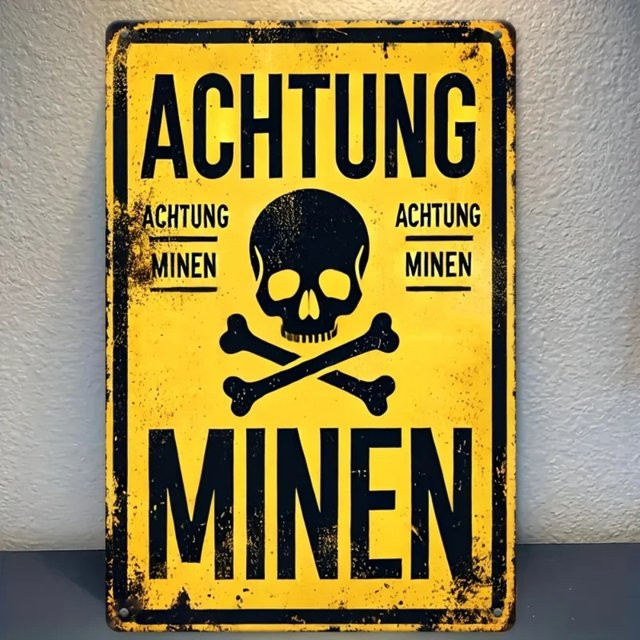 Zendure Metall-Blechschild Achtung Minen Vintage Wanddekoration mit Schädel und gekreuzten Knochen, B: 20,0 cm, H: 14,0 cm, T: 0,1 cm - Bild 1