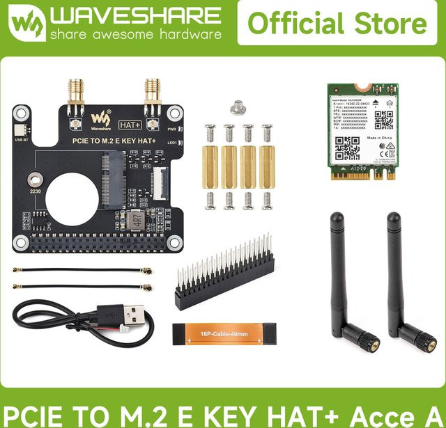 Waveshare PCIe zu M.2 E KEY HAT für Raspberry Pi 5, Schwarz, kompatibel mit NGFF Wireless NIC - Bild 1