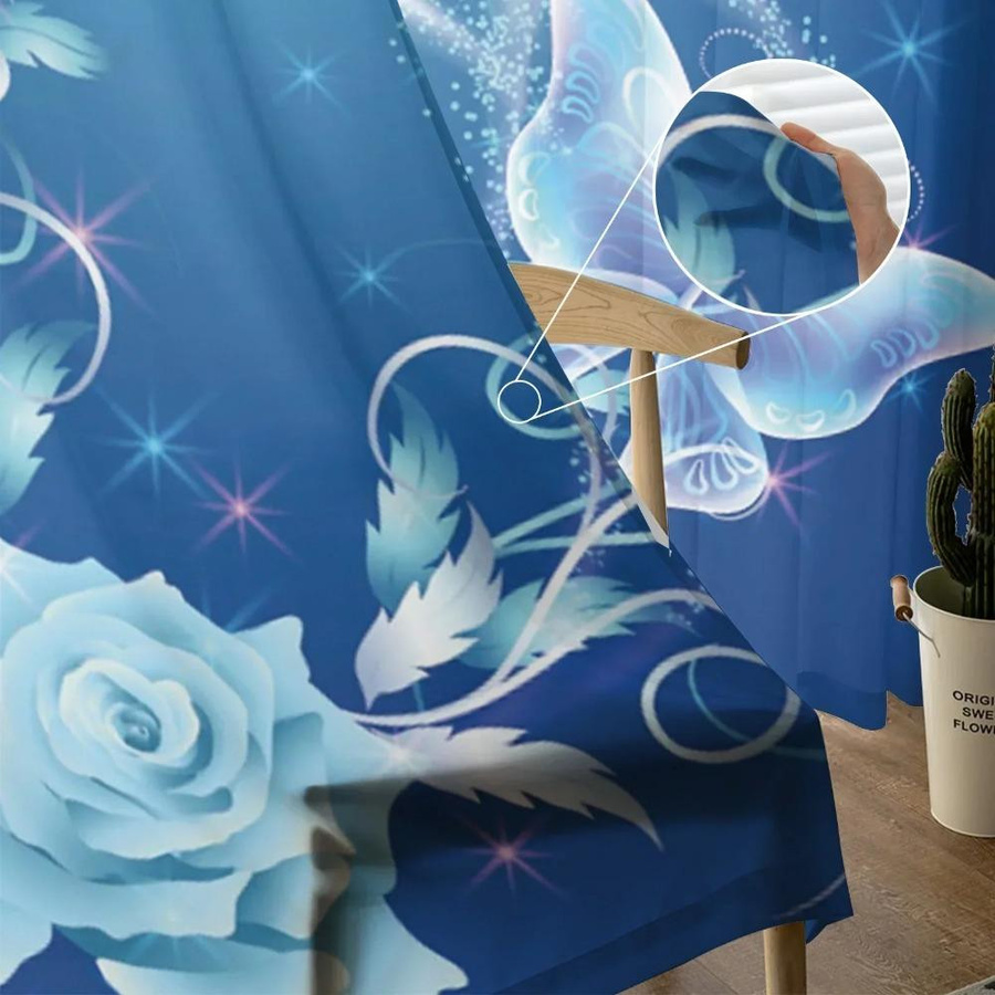 Yiran Furniture Voile-Vorhang mit Blumen- und Schmetterlingsmuster in Blau, Breite: 135 cm, Höhe: 160 cm - Bild 2