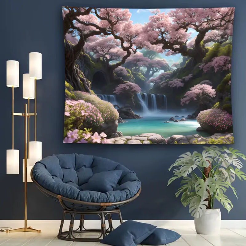 VIKAMA Wandteppich Kirschblüten und Wasserfall, Japanische Landschaft als Wanddekoration, mehrfarbig, B/H: 60 x 40 cm - Bild 2