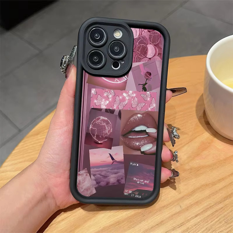 Rosa ästhetische Collage-Muster TPU Handyhülle mit Anti-Drop-Schutz für iPhone 11 bis iPhone 17 Pro Max und SE-Serie - Bild 1