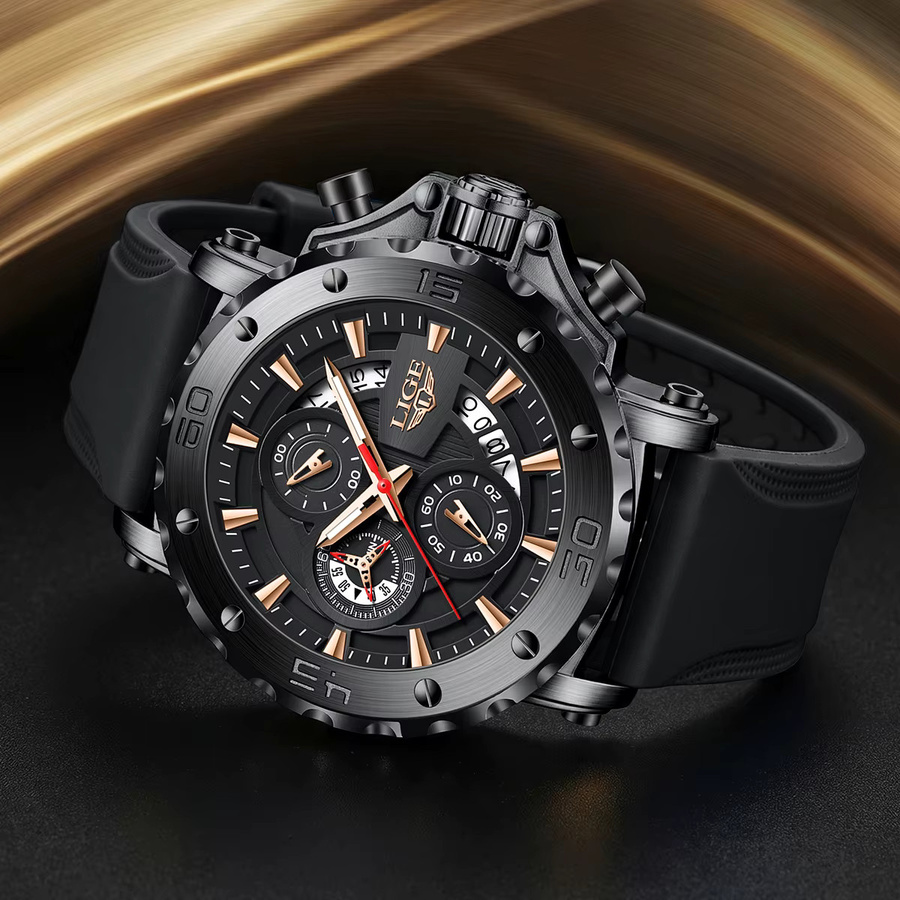 LIGE Herrenuhr, Quarz, Silikonarmband, Schwarz, Stoppuhr - Bild 2