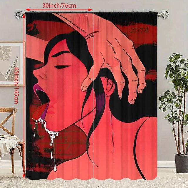2er-Set Milchdruck Vorhang für Damen aus Polyester in Rot, semi-transparent, B: 76 cm, H: 165 cm - Bild 1