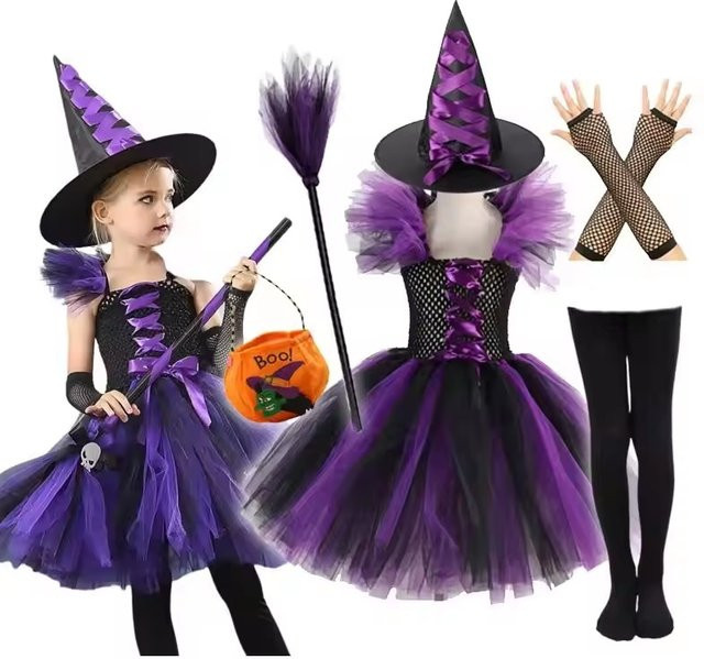 SistersLiu Halloween Lila Hexe Mädchen Kostüm Tutu Kleid mit Hut, ab 2 Jahre - Bild 1