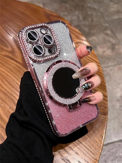 YULIN Handyhülle mit Diamantrahmen und Blitz-Spiegel-Ständer für iPhone 11 bis 17 Pro Max, Farbe: Schwarz - Bild 1