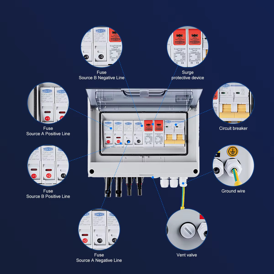 TOMZN Solar Photovoltaik PV Combiner Box mit Blitzschutz, 2 Eingänge, 1 Ausgang, DC 600 V, Sicherung MCB, SPD, wasserdichte IP65 Box, Weiß - Bild 4