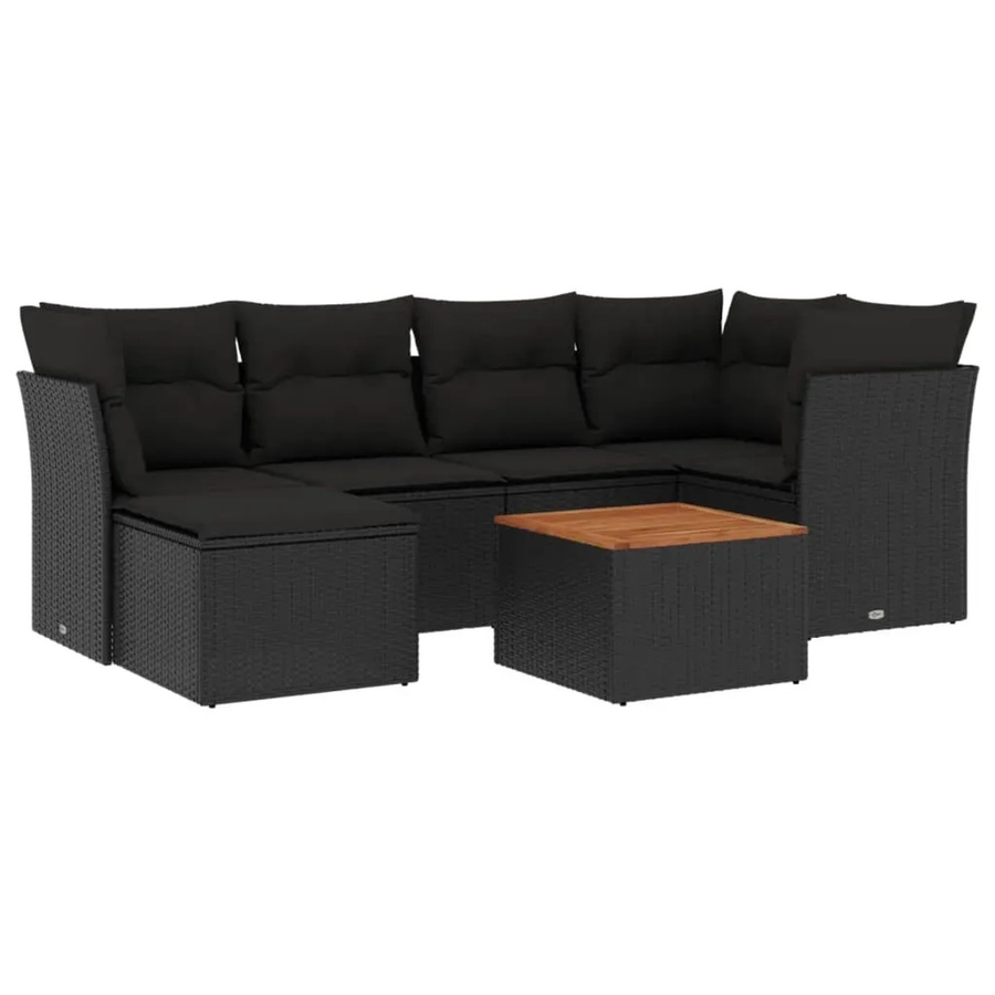 vidaXL 7-teilige Garten-Sofagarnitur in L-Form aus Polyrattan und pulverbeschichtetem Stahl mit Kissen in Schwarz - Bild 2