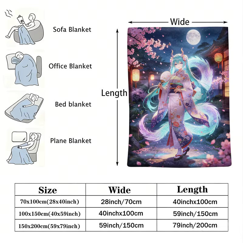 Hatsune Miku Kimono Drachen Flanell-Überwurfdecke in Multicolour, weiche Fleece-Decke mit floralem Design für Sommer und Reise - Bild 2