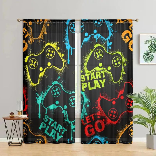 2er-Set halbtransparente Vorhänge mit Gamecontroller-Print in Multicolour, Breite: 200 cm, Höhe: 220 cm - Bild 1