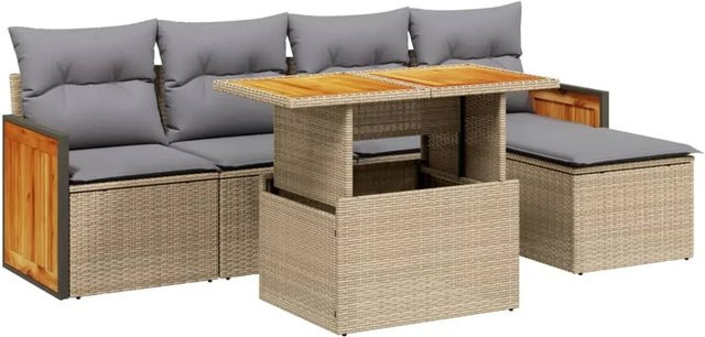 vidaXL 6-tlg Garten-Sofagarnitur in L-Form mit Kissen und Couchtisch, Beige, Poly Rattan und Akazienholz - Bild 1