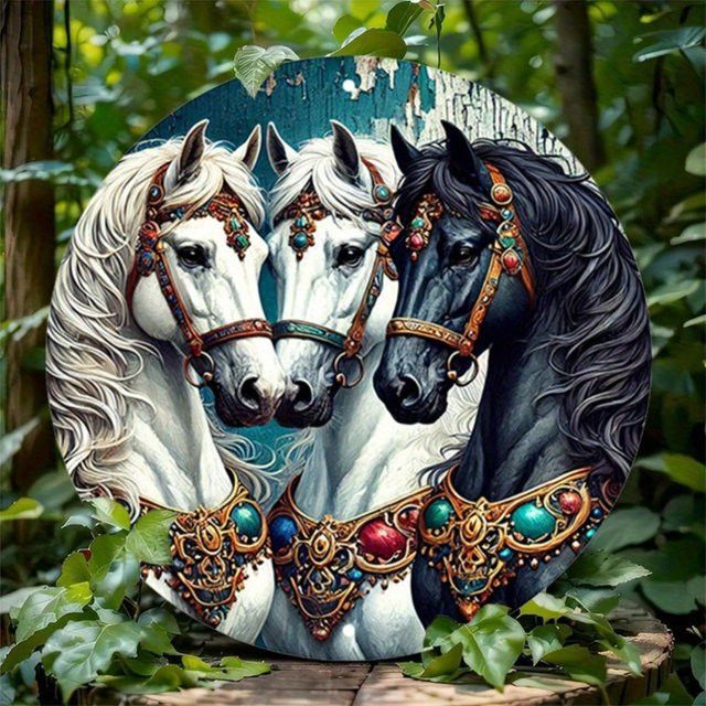 HELLOYOUNG Rundes Aluminium-Metallschild mit Pferd-Motiv im Vintage-Landhausstil zur Wandmontage - Bild 1
