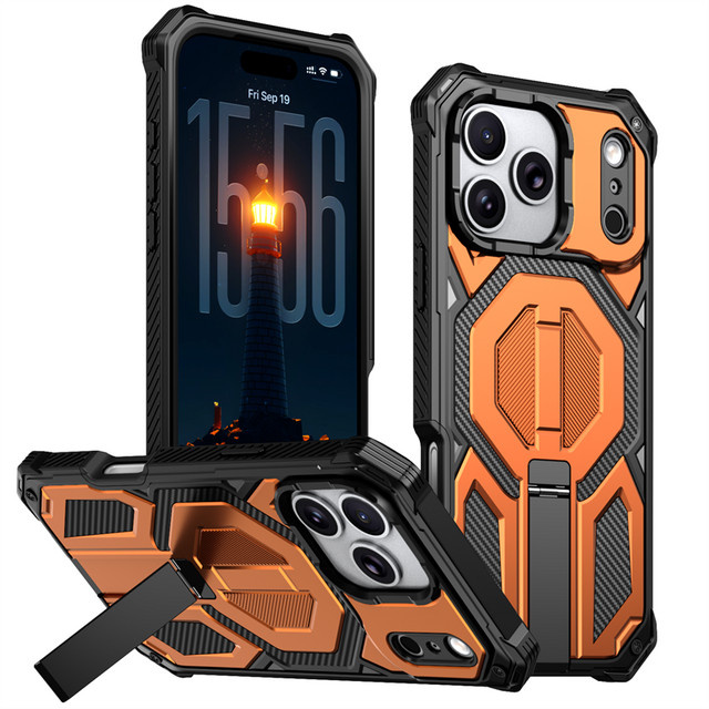 Newteneight Militärische Panzer-Schutzhülle mit Magnetmetall-Ständer für iPhone 16 E, Farbe: Orange, MagSafe kompatibel - Bild 1